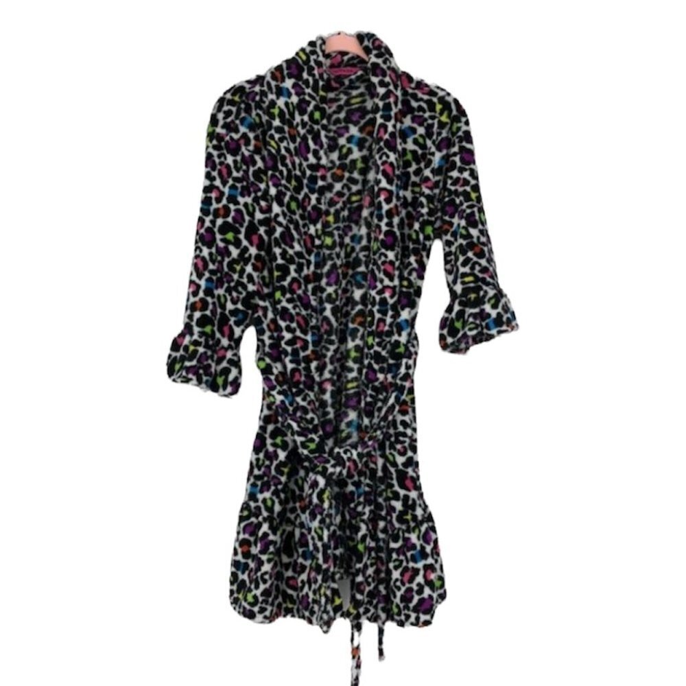Hotkiss Fuzzy robe leopard rainbow print short length waist tie S